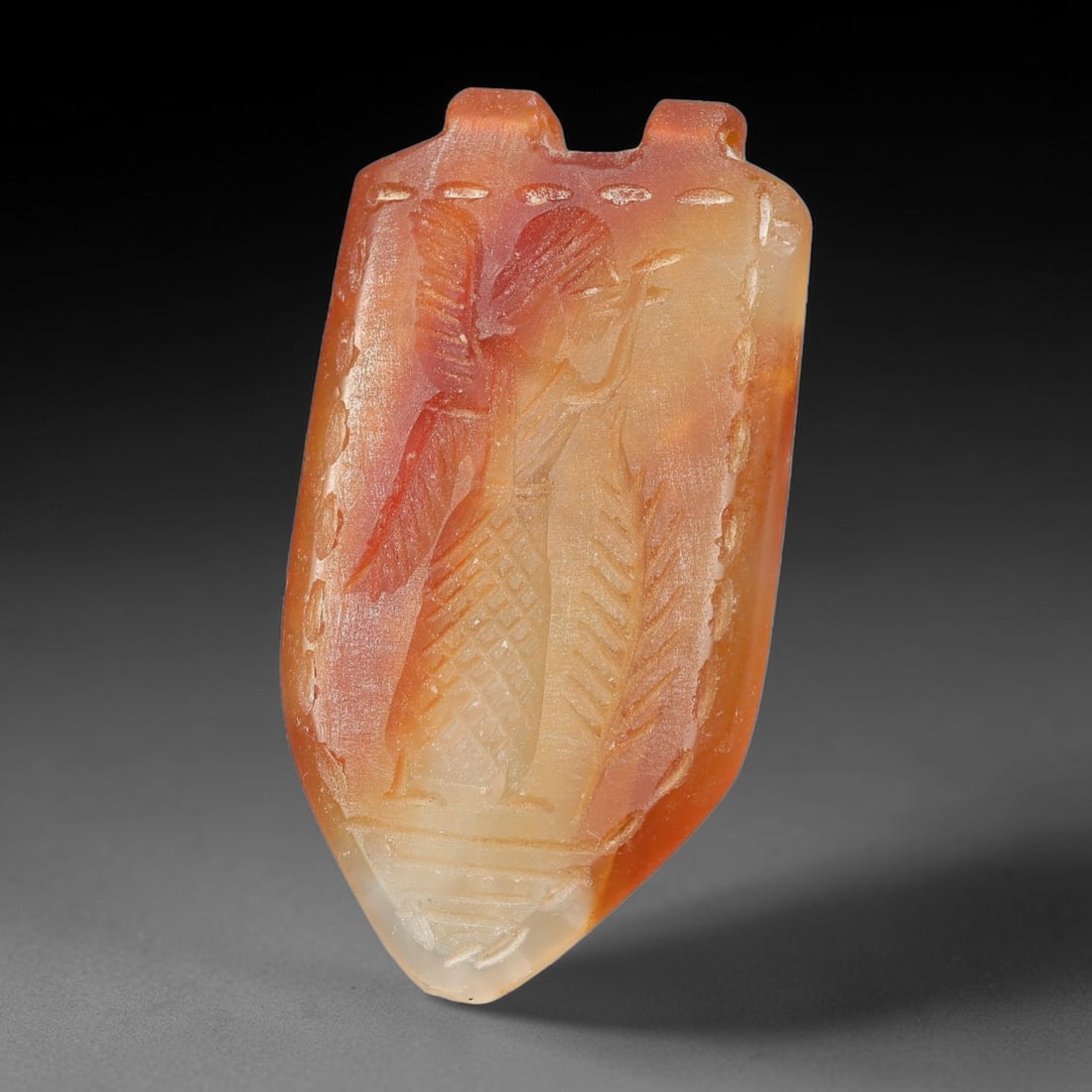 Vintage Natural Carnelian Agate Revival Indo-Persian Glyptic Figural Talisman Amulet Plaque, 76FK: This vintage talisman pendant plaque is skillfully carved from natural banded carnelian agate, crafted in a style referencing ancient Indo-Persian glyptic art traditions. The face bears detailed relie