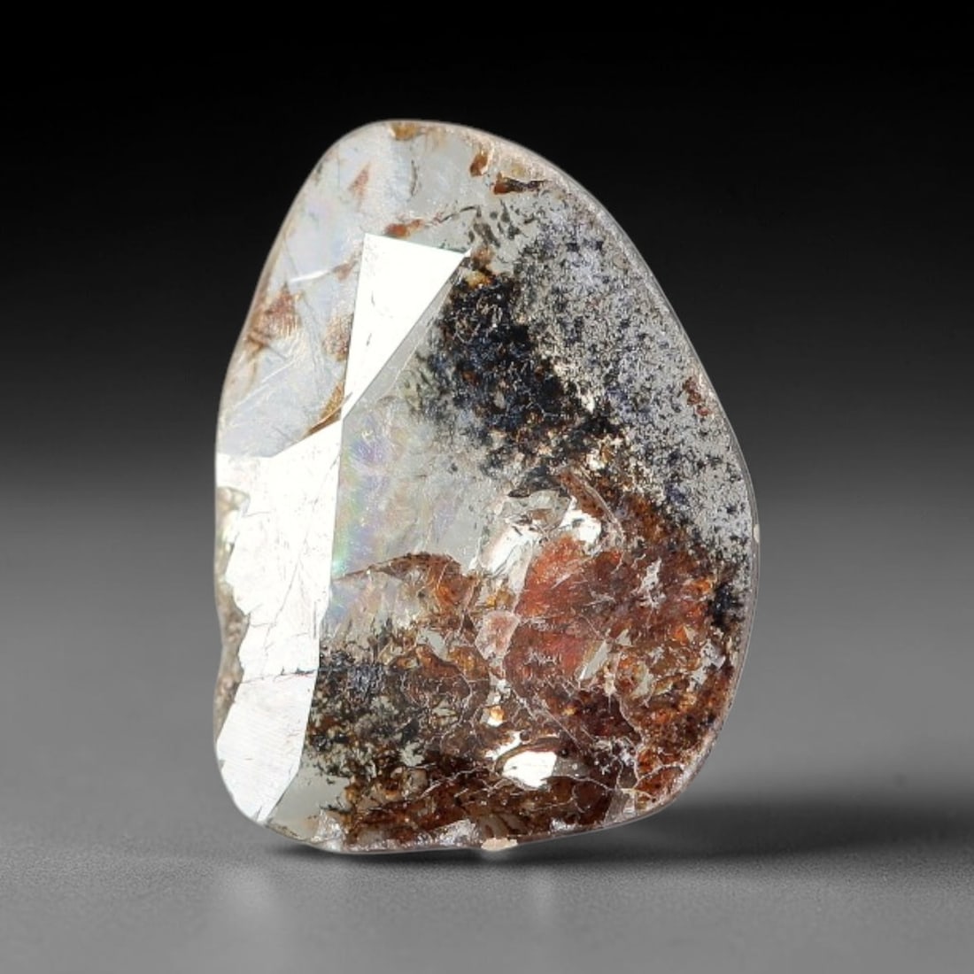 0.28ct Natural Fancy Diamond Slice, Hand Rose Cut with Pictorial Inclusions Loose Gemstone, 59BG: This unique natural diamond slice features a delicate hand-executed rose cut surface, showcasing captivating pictorial mineral inclusions trapped within the diamond matrix. Measuring 7.6x5.6x0.5mm, th