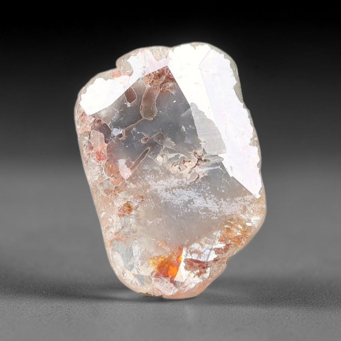0.38ct Natural Fancy Diamond Slice, 43BG: This unique natural diamond slice features a delicate hand-executed rose cut surface, showcasing captivating pictorial mineral inclusions trapped within the diamond matrix. Measuring 7.9x5.4x0.6mm, th