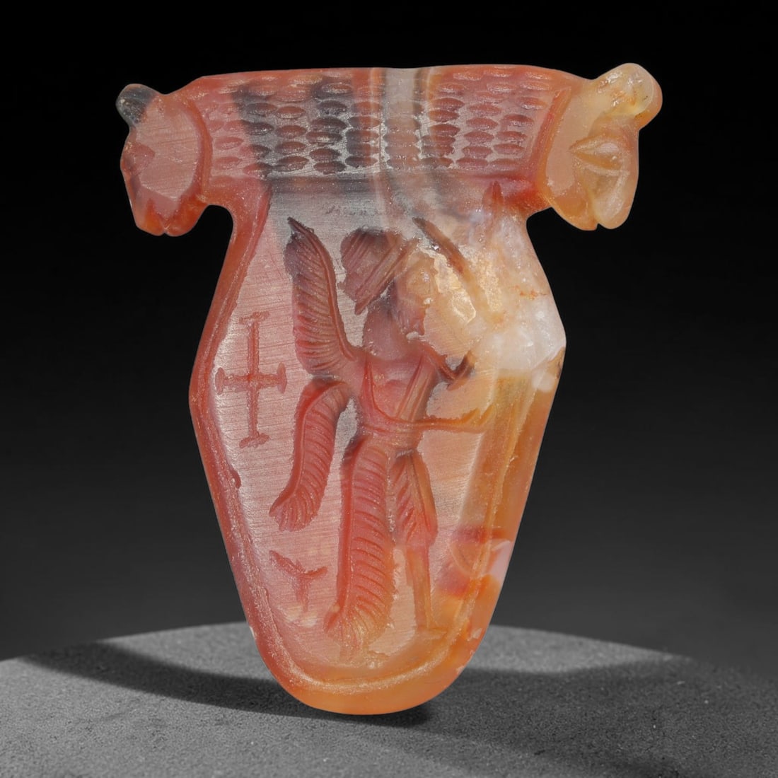 Vintage Natural Carnelian Agate Revival Indo-Persian Glyptic Figural Talisman Amulet Plaque, 33FK: This vintage talisman pendant plaque is skillfully carved from natural banded carnelian agate, crafted in a style referencing ancient Indo-Persian glyptic art traditions. The face bears detailed relie