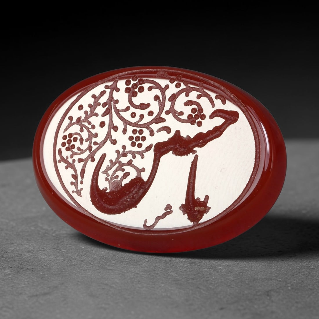 Vintage Carnelian Agate Islamic Calligraphic Script Intaglio Seal Cabochon Talisman, 64ET: This vintage natural carnelian agate intaglio seal cabochon draws inspiration from historic Islamic lapidary traditions, crafted as a wearable talisman and seal blank for jewelry setting. The polished