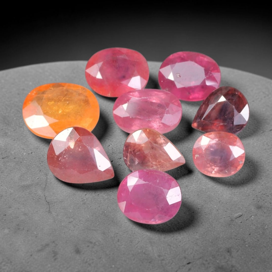 7.02ct Natural Sri Lankan Padparadscha Sapphire Loose Gemstone Parcel Lot, 29EV: This wonderful parcel of padparadscha sapphire carries enchanting blended sunset hues of soft peach, warm orange, blush pink and deep rose across mixed oval and pear faceted cuts. Each gem displays ge