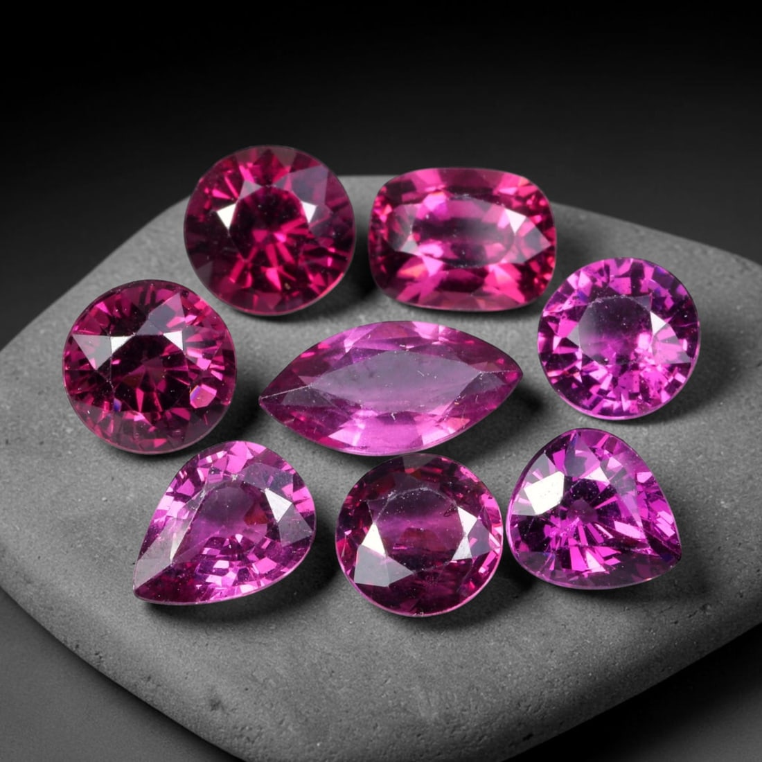 7.92ct Natural Mozambican Raspberry Pink Rhodolite Garnet Loose Gemstone Parcel Lot, 80EV: This dazzling parcel of rhodolite garnet displays rich raspberry-pink and deep magenta tones, brought alive by sharp faceting that delivers vivid sparkle across cushion, oval and pear shapes. Vibrant 