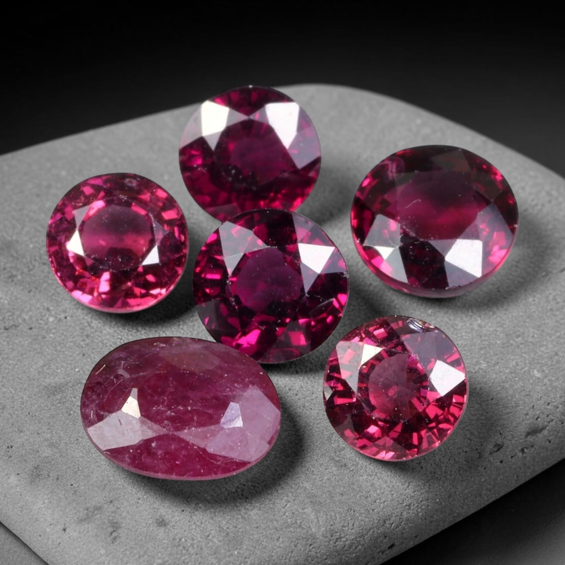 8.27ct Natural Mozambican Raspberry Pink Rhodolite Garnet Loose Gemstone Parcel Lot, 86EV: This dazzling parcel of rhodolite garnet displays rich raspberry-pink and deep magenta tones, brought alive by sharp faceting that delivers vivid sparkle across cushion, oval and pear shapes. Vibrant 