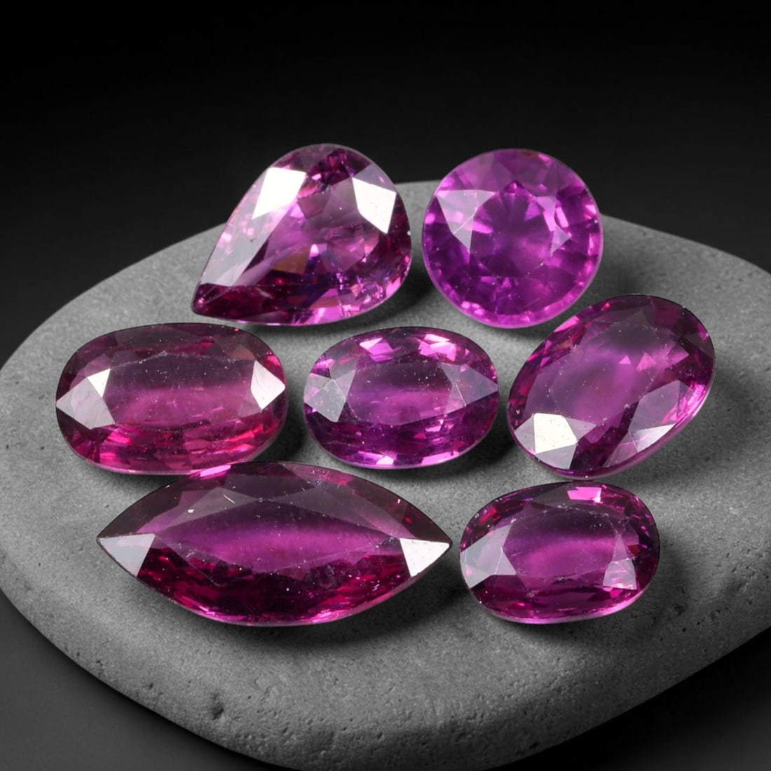 10.20ct Natural Mozambican Rhodolite Garnet Loose Gemstone Parcel Lot, 64EV: This vibrant parcel of rhodolite garnet displays rich saturated magenta-rose tones across a varied assortment of oval, marquise and pear faceted cuts. Precise faceting produces bright sparkle, highlig
