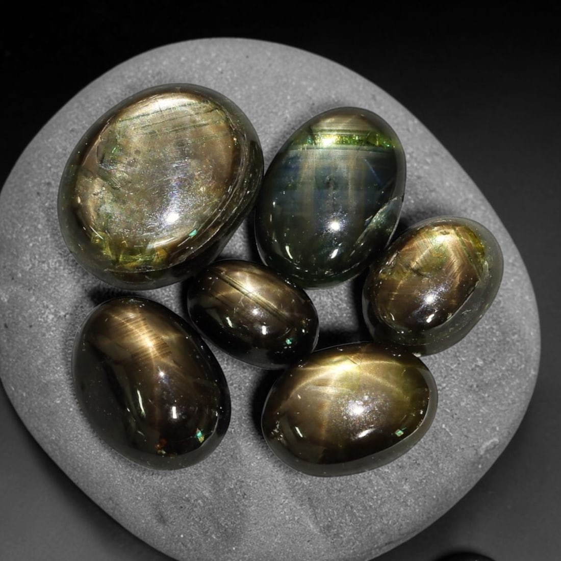 19.06ct Natural Siamese Golden Star Sapphire Cabochon Loose Gemstone Parcel Lot, 75EV: This striking parcel of Siamese golden star sapphire cabochons features deep smoky-golden body tones with sharp well-defined six-rayed asterism across smooth polished oval domed surfaces. Bright metal