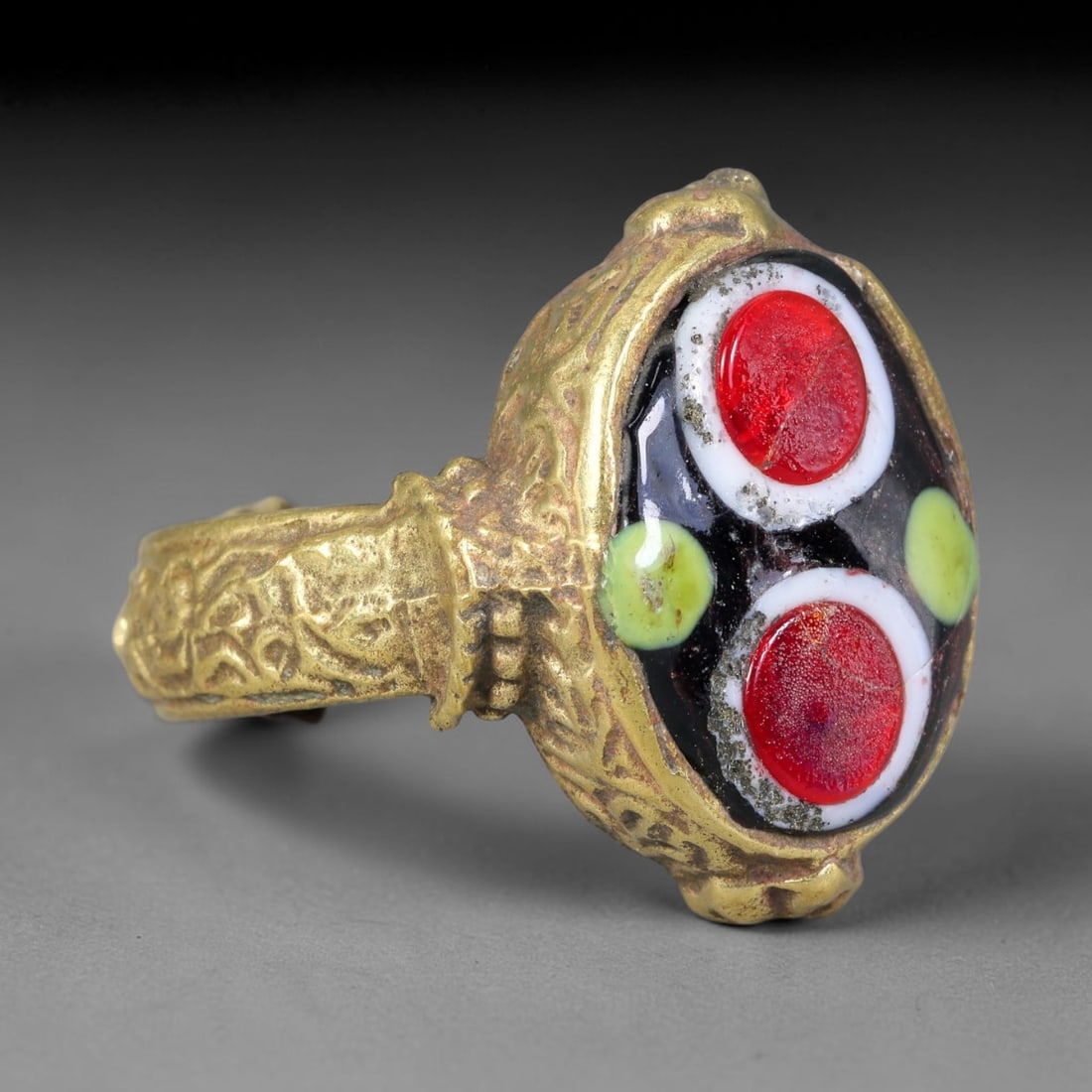 Antique Islamic Millefiori Evil Eye Glass Cabochon Set Vintage Signet Ring (1700-1900 CE), 24AN (1 of 1)