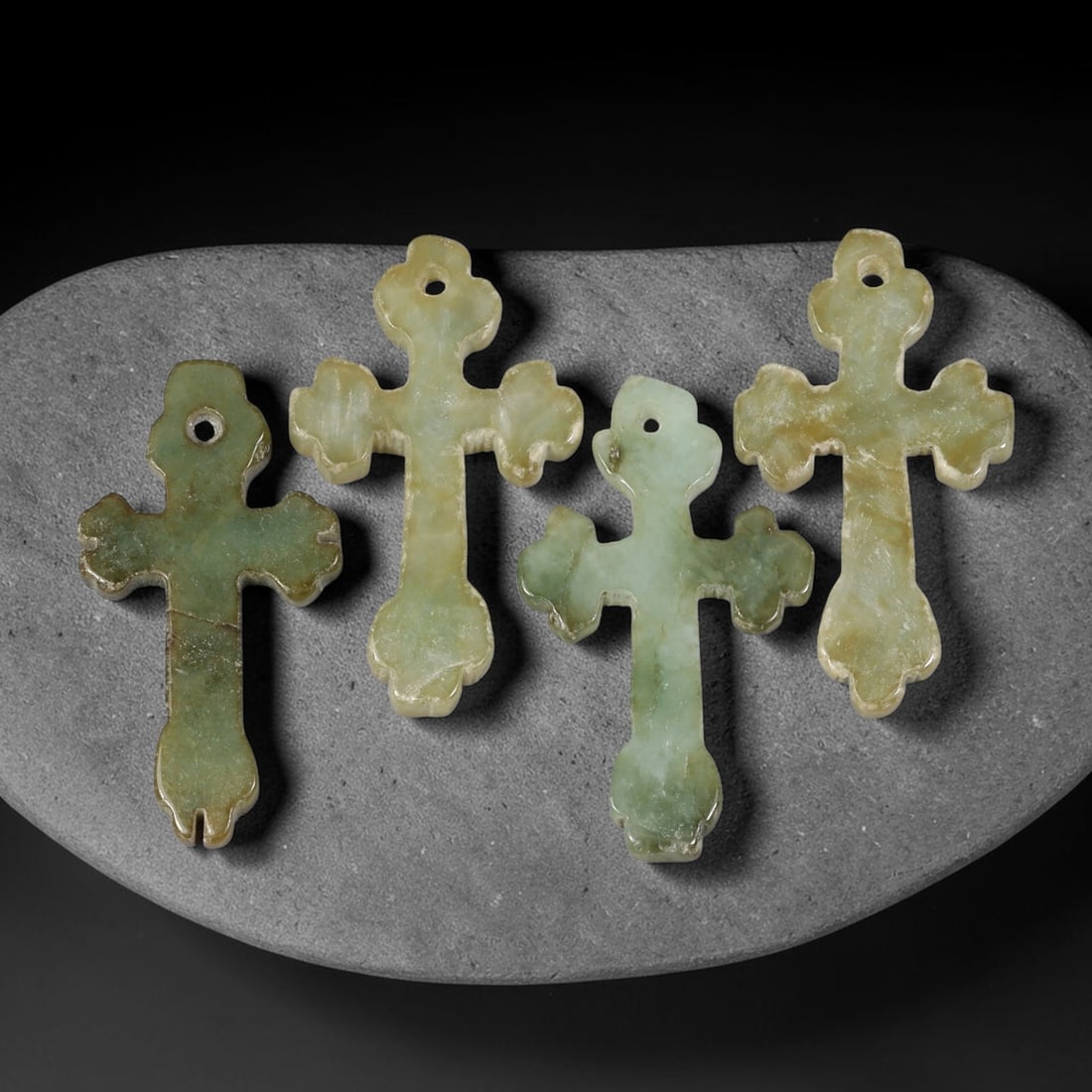Burmese Type-A Jadeite Jade Cross Pendants Ornament Set, 19EW: Crafted from natural Burmese Type-A jadeite jade, this set of cross-form pendants displays varied natural stone tones ranging from pale celadon to warm earthy brown with scattered green mineral streak