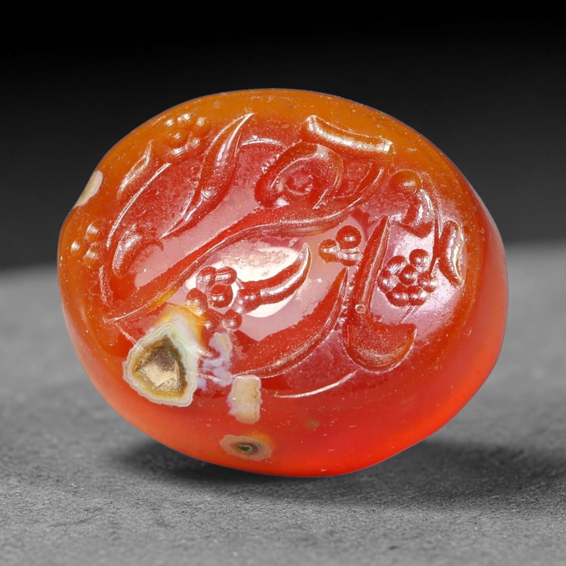 Early Vintage Islamic Natural Agate Calligraphic Script Intaglio Seal Cabochon (Post 1900 CE), 80ET: Fully hand-engraved agate intaglio seal tablet, crafted entirely by hand with no machine-assisted carving. The polished stone face features inscribed devotional script contained within a defined carvi