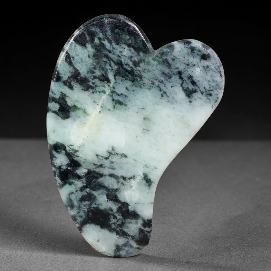 Natural Burmese Type A Jadeite Jade Facial Massage Gua Sha Tool, 38BK: Polished natural untreated Burmese Type A jadeite jade massage tool, measuring 93x65x4 mm. Crafted into the classic heart-shaped contour tool widely used for traditional facial and body stone massage 