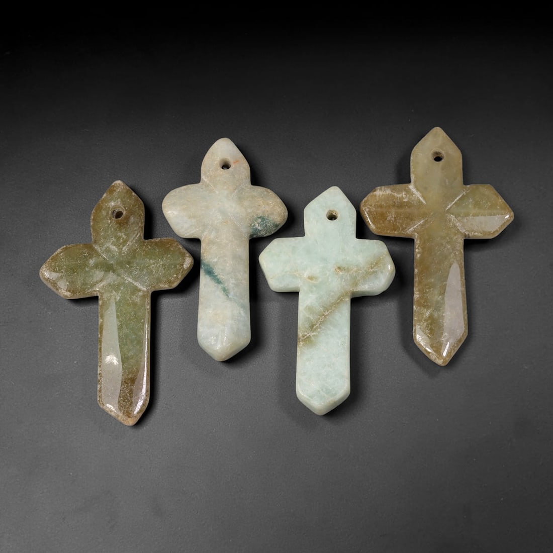 Burmese Type-A Jadeite Jade Cross Pendants Ornament Set, 21EW: Crafted from natural Burmese Type-A jadeite jade, this set of cross-form pendants displays varied natural stone tones ranging from pale celadon to warm earthy brown with scattered green mineral streak