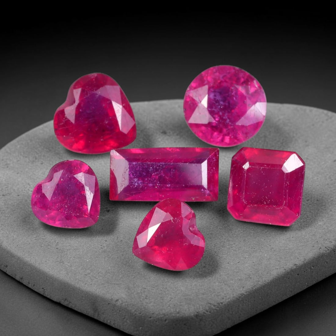 8.80ct Natural Mozambican Ruby Faceted Parcel Lot, 41EW: This faceted gemstone lot features multiple mixed-shape cut rubies displaying rich saturated crimson to vivid pink-red colour tones across oval, heart and square modified faceted forms. Each stone is 