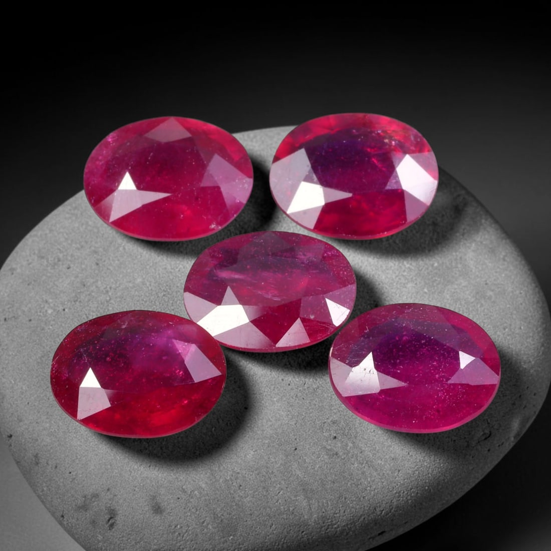 18.07ct Natural Mozambican Ruby Faceted Parcel Lot, 45EW: This faceted gemstone lot features multiple mixed-shape cut rubies displaying rich saturated crimson to vivid pink-red colour tones across oval, heart and square modified faceted forms. Each stone is 