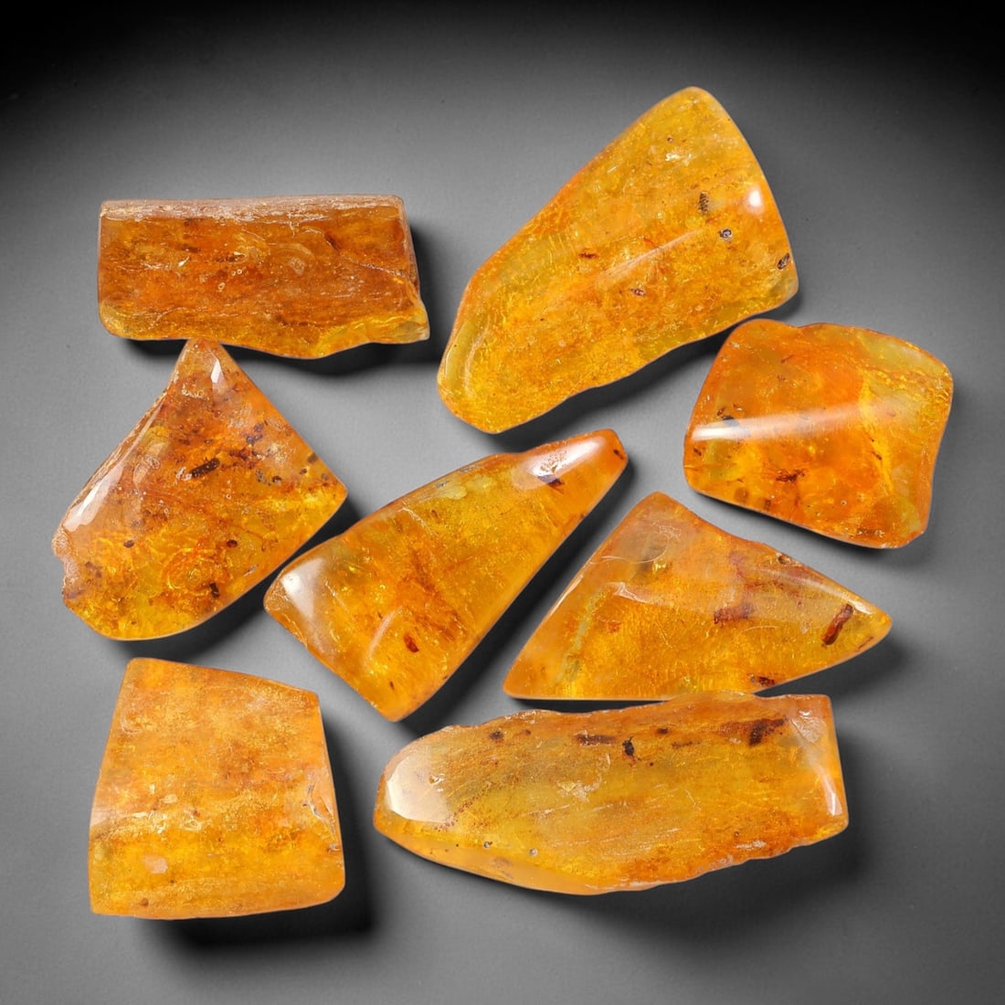 120.29ct Natural Baltic Amber Polished Rough Parcel Lot, 41EY: This polished rough parcel consists of free-form baltic amber specimens with warm golden-yellow to honey-orange translucency. Partial high-gloss polished surfaces reveal visible insect debris and orga