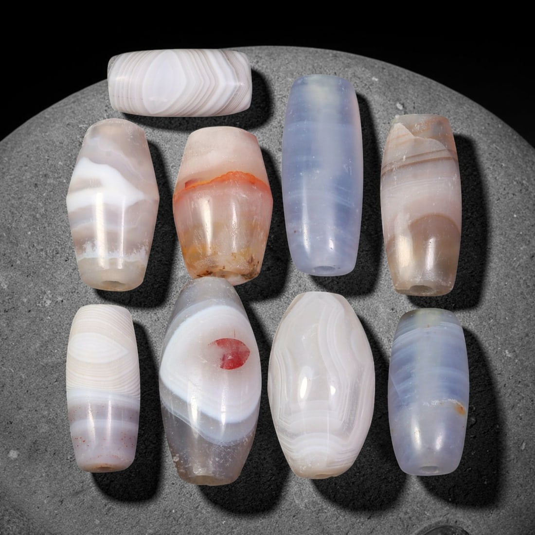 Ancient Himalayan Banded Agate Beads Parcel Lot, 53EY: Assembled parcel of ancient natural banded agate beads showcasing distinctive layered banding patterns across varied translucent and opaque agate bodies. Each bead bears authentic signs of antiquity i