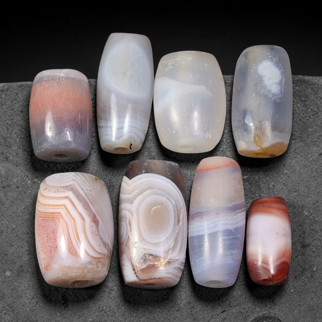 Ancient Himalayan Banded Agate Beads Parcel Lot, 88EY: Assembled parcel of ancient natural banded agate beads showcasing distinctive layered banding patterns across varied translucent and opaque agate bodies. Each bead bears authentic signs of antiquity i