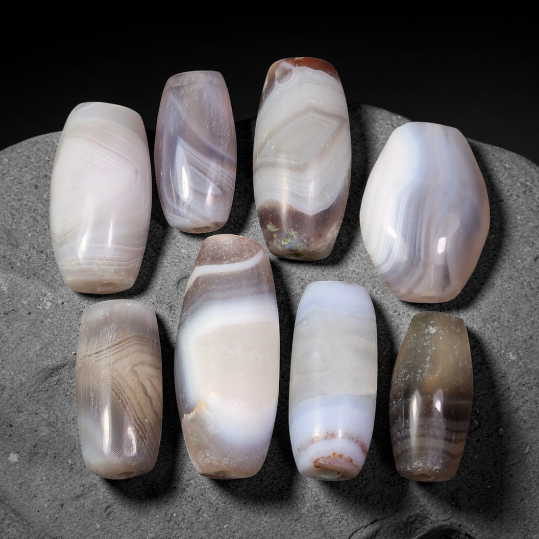 Ancient Himalayan Banded Agate Beads Parcel Lot, 84EY: Assembled parcel of ancient natural banded agate beads showcasing distinctive layered banding patterns across varied translucent and opaque agate bodies. Each bead bears authentic signs of antiquity i