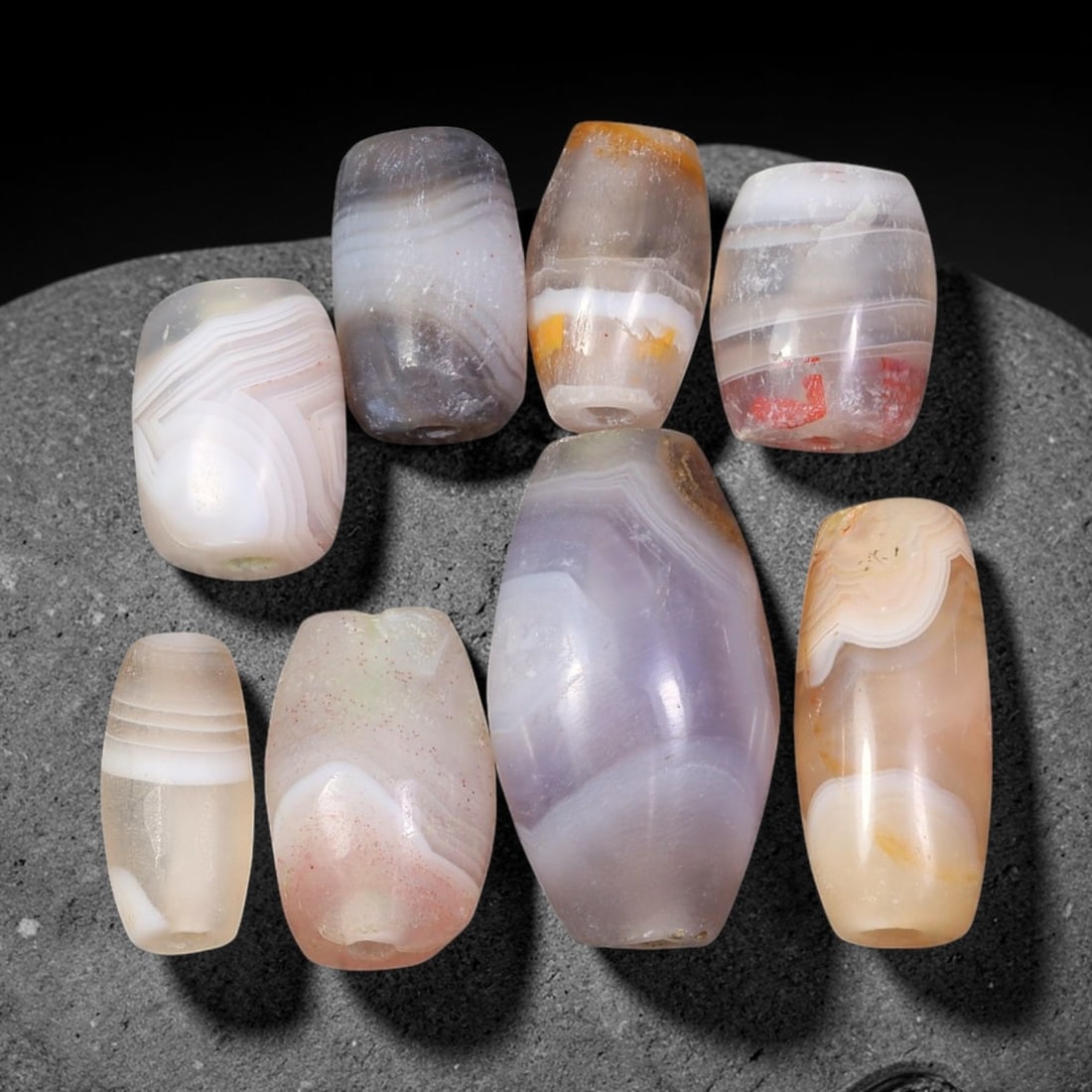 Ancient Himalayan Banded Agate Beads Parcel Lot, 87EY: Assembled parcel of ancient natural banded agate beads showcasing distinctive layered banding patterns across varied translucent and opaque agate bodies. Each bead bears authentic signs of antiquity i