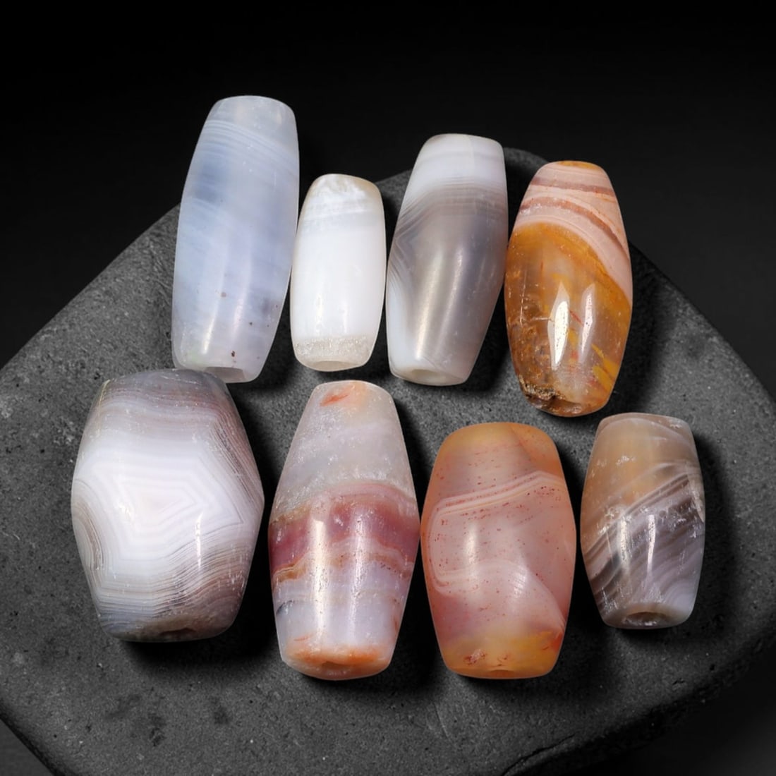 Ancient Himalayan Banded Agate Beads Parcel Lot, 86EY: Assembled parcel of ancient natural banded agate beads showcasing distinctive layered banding patterns across varied translucent and opaque agate bodies. Each bead bears authentic signs of antiquity i
