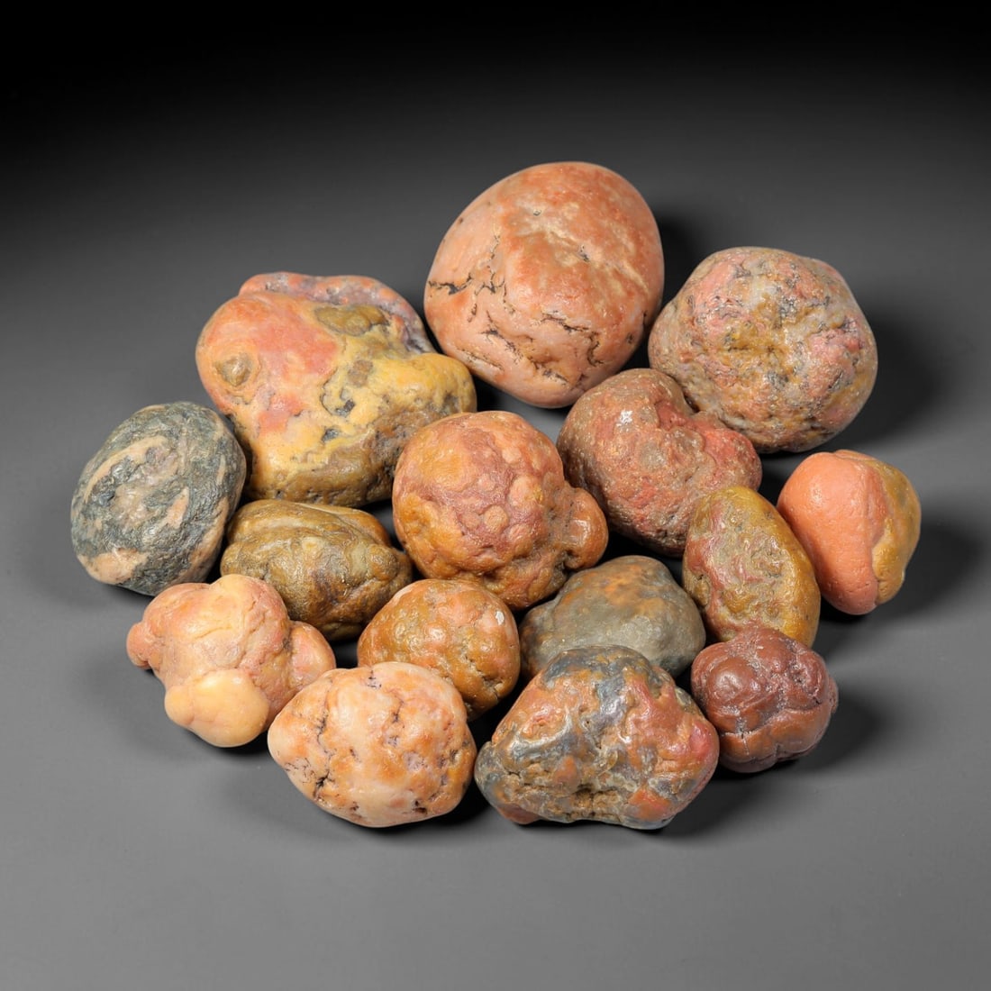 685ct Natural Mongolian Gobi Desert Agate Pebble Stone Parcel Lot, 9BC: This parcel consists of naturally weathered Gobi desert agate pebbles, formed by long-term desert wind and water erosion. Surfaces display characteristic bumpy botryoidal textures with diverse earthy 