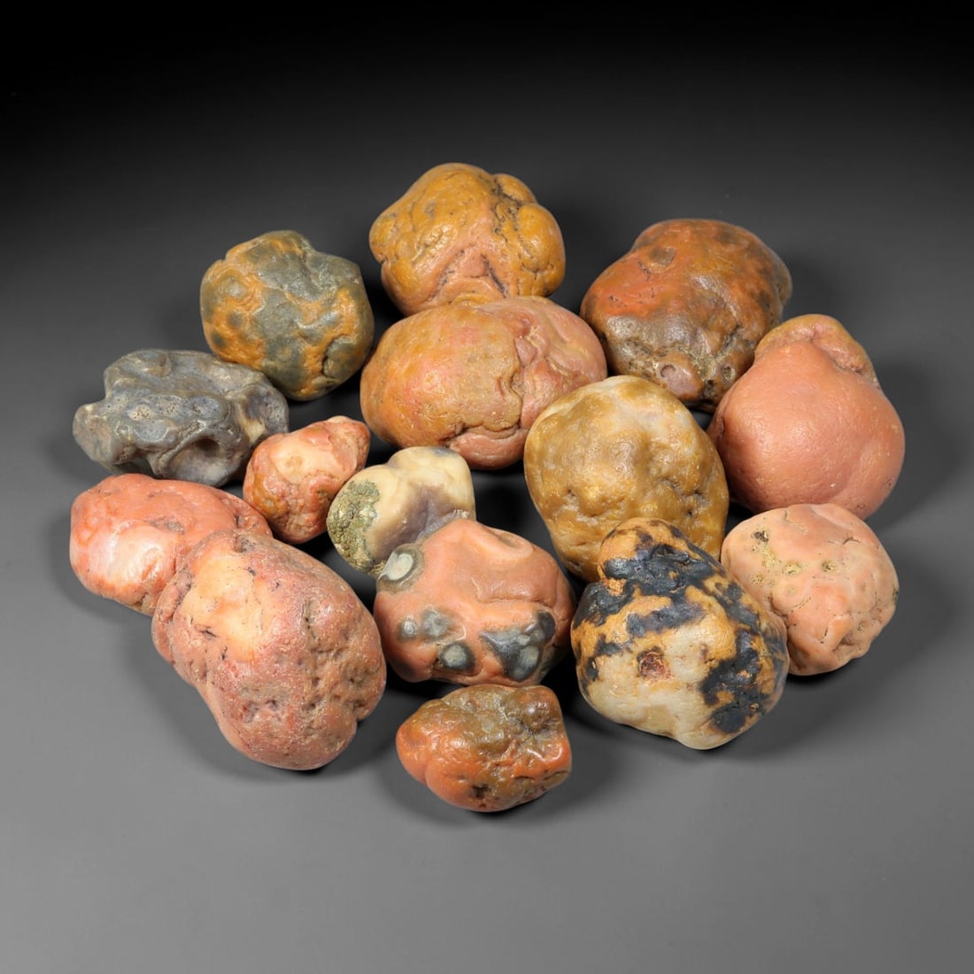 500ct Natural Mongolian Gobi Desert Agate Pebble Stone Parcel Lot, 5BC: This parcel consists of naturally weathered Gobi desert agate pebbles, formed by long-term desert wind and water erosion. Surfaces display characteristic bumpy botryoidal textures with diverse earthy 