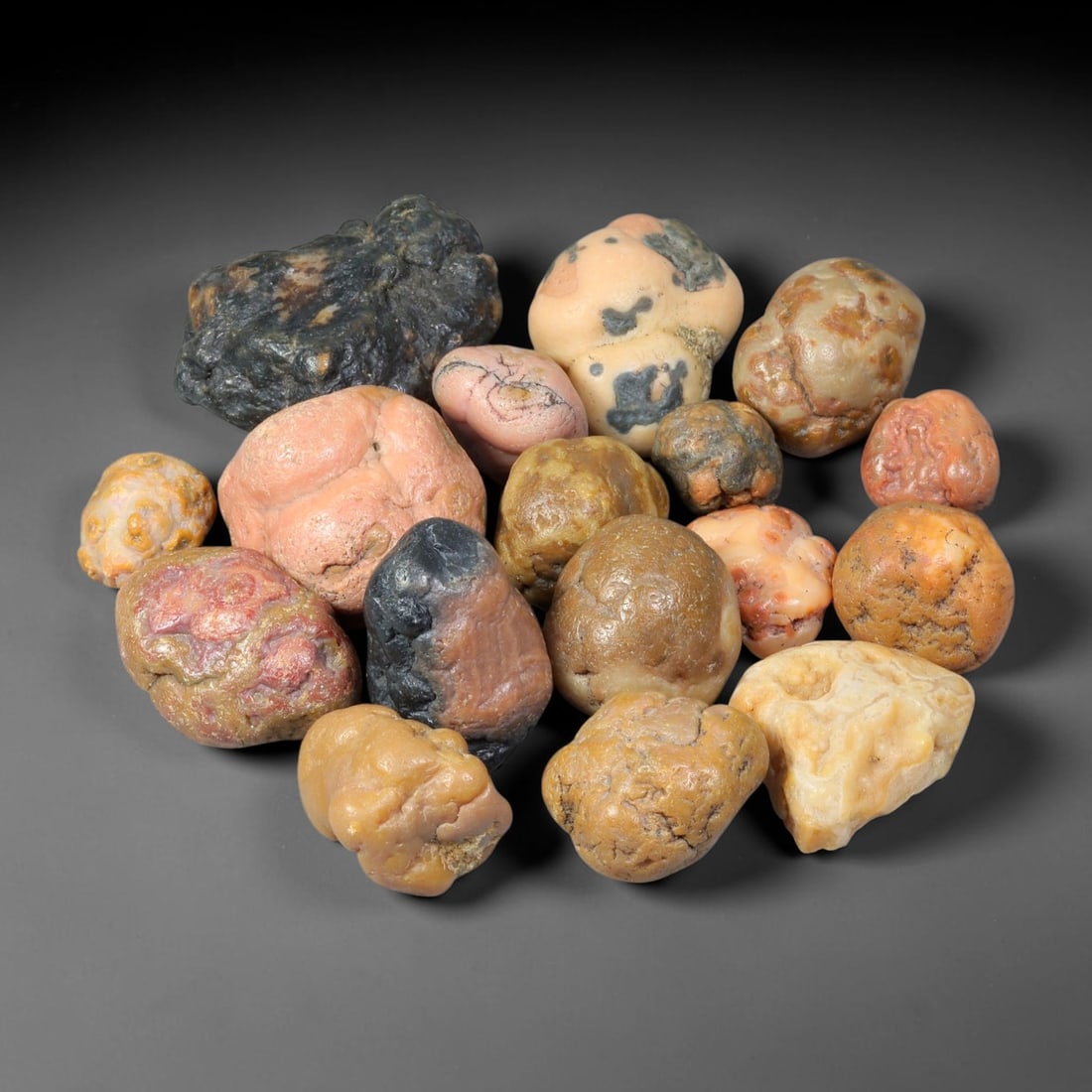 560ct Natural Mongolian Gobi Desert Agate Pebble Stone Parcel Lot, 7BC: This parcel consists of naturally weathered Gobi desert agate pebbles, formed by long-term desert wind and water erosion. Surfaces display characteristic bumpy botryoidal textures with diverse earthy 
