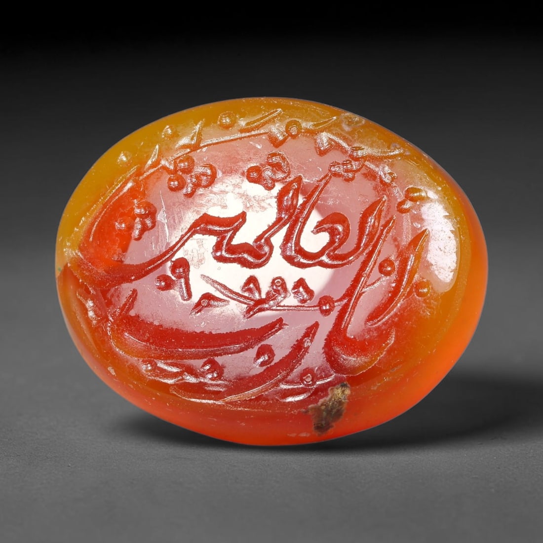 Early Vintage Islamic Natural Agate Calligraphic Script Intaglio Seal Cabochon (Post 1900 CE), 82ET: Fully hand-engraved agate intaglio seal tablet, crafted entirely by hand with no machine-assisted carving. The polished stone face features inscribed devotional script contained within a defined carvi