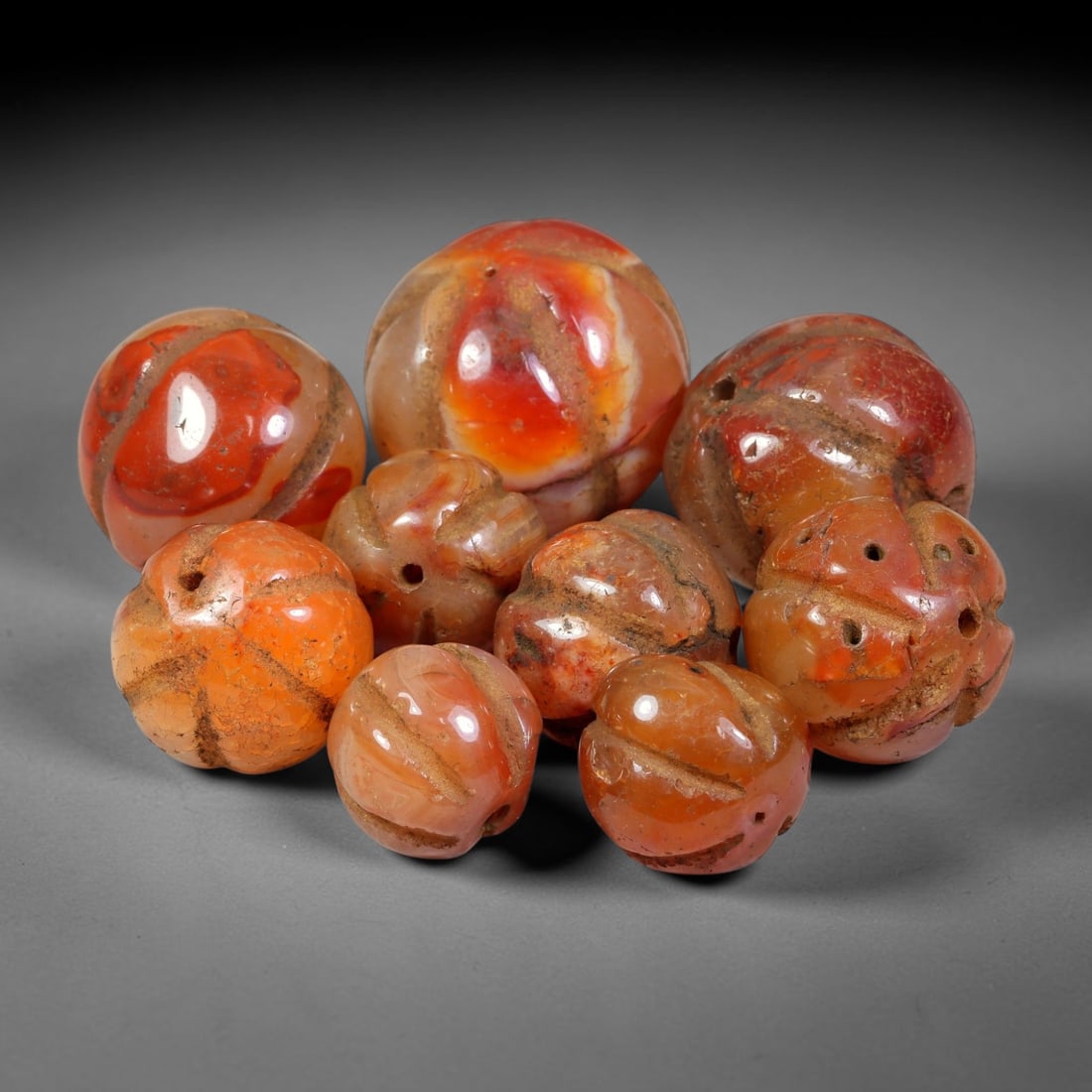 Ancient Medieval Khmer Angkor Carved Carnelian Melon Beads Parcel Lot (802-1431 CE), 43BC (1 of 1)