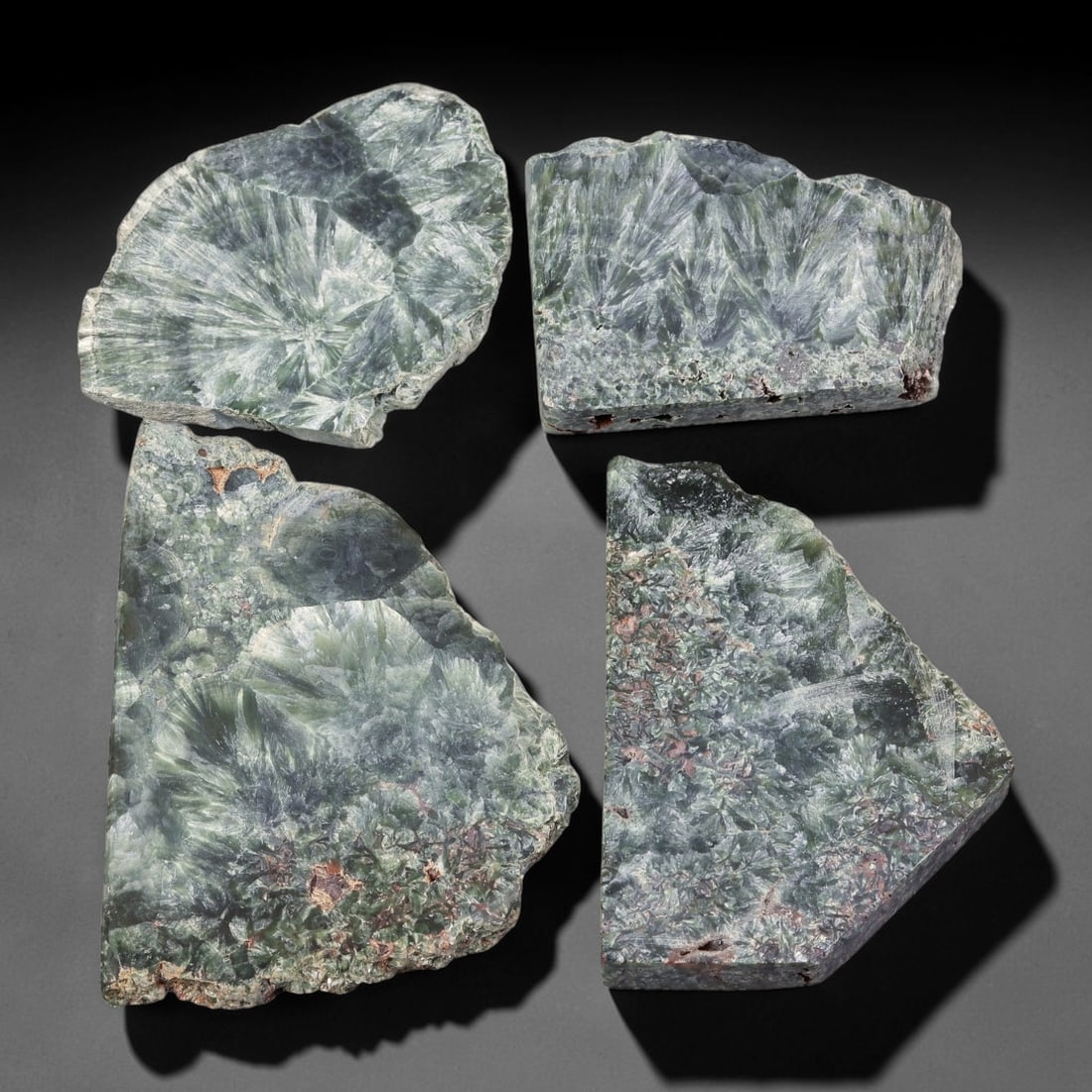 405ct Natural Siberian Seraphinite Rough Slab Parcel Lot, 77EX: This rough slab parcel showcases striking seraphinite specimens distinguished by signature feathery, fan-like silvery-green crystalline sprays across sawn surfaces. Deep forest-green matrix interweave