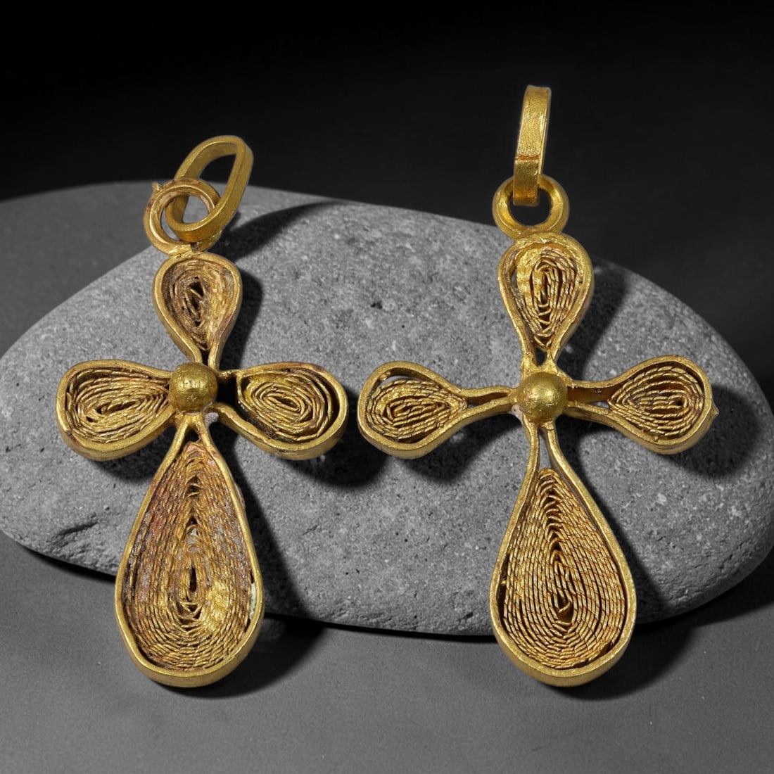 Vintage Coptic Ethiopian Filigree Copper Alloy Cross Pendant Pair, 45BC: Pair of vintage Coptic Ethiopian Christian cross pendants crafted from copper alloy with intricate rolled filigree open-work construction, central bead accent and functional suspension loops for wear.