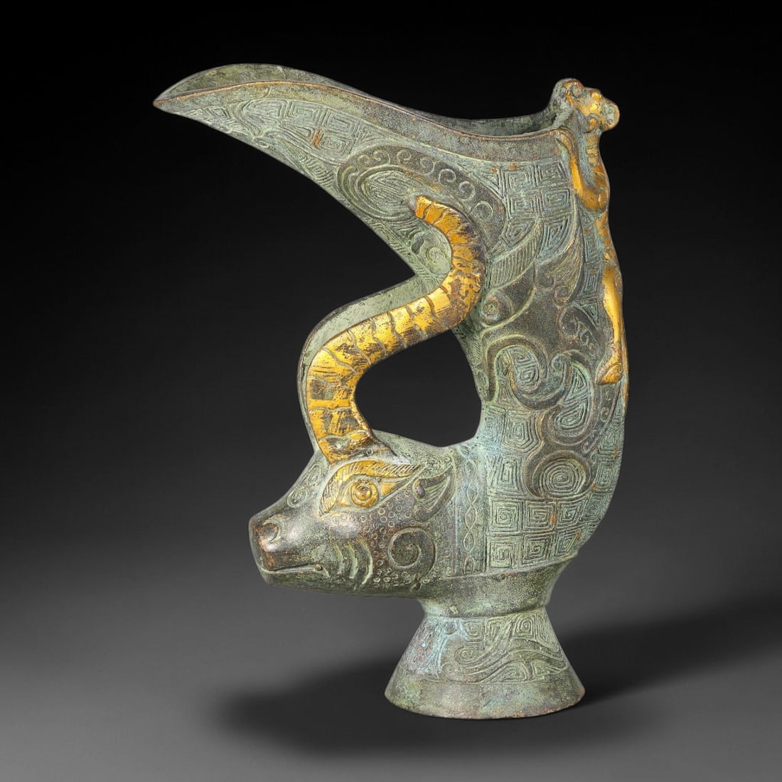 A Chinese Archaic-Style Partial Gilt Bronze Ox-Head Rhyton Libation Vessel, 1AJ (1 of 4)