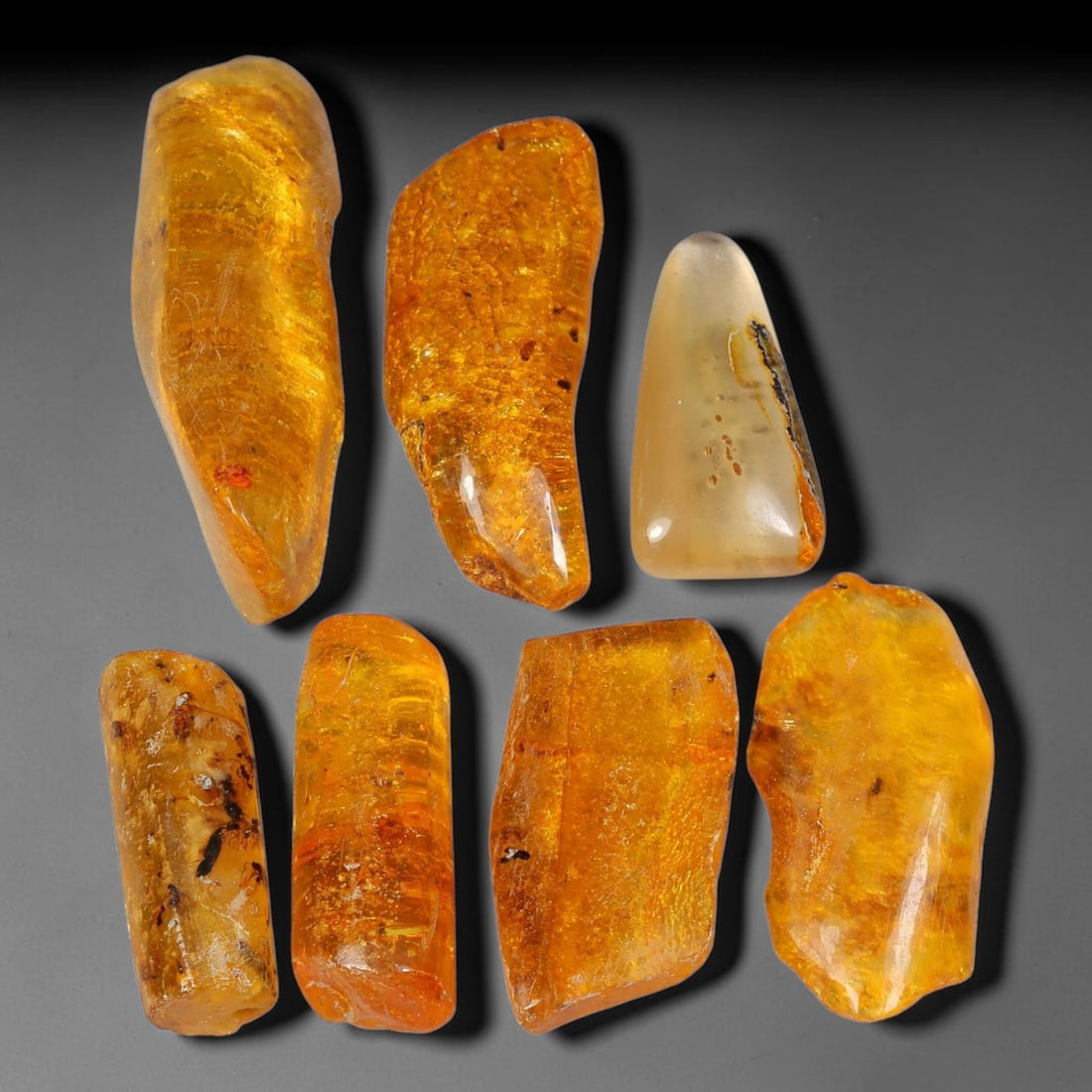 81.15ct Natural Baltic Amber Polished Rough Parcel Lot, 30AJ: This polished rough parcel consists of free-form baltic amber specimens with warm golden-yellow to honey-orange translucency. Partial high-gloss polished surfaces reveal visible insect debris and orga