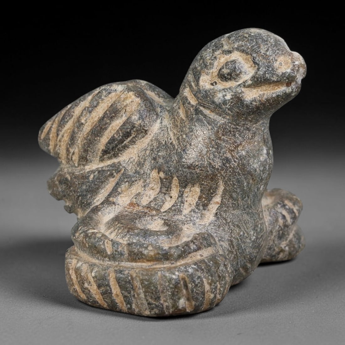 Ancient Elamite Civilization Stone Bird Zoomorphic Amulet Figurine (3200-539 BCE), 79AJ: This ancient stone bird zoomorphic amulet figurine originates from Elamite Civilization, representing auspicious ritual iconography of ancient Southwest Iran. The perched bird figurine has stylized fa