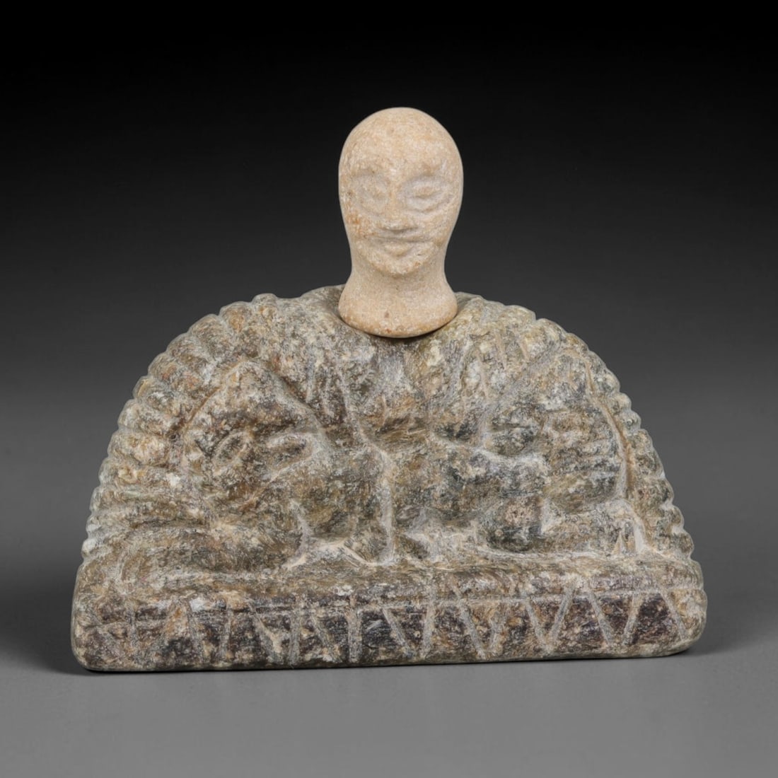 Ancient Greco-Bactrian Stone Idol (250 BCE-200 CE), 68AK: This antique stone idol originates from the Greco-Bactrian Cultures of Central Asia, representing a characteristic sculptural tradition blending Iranian and Hellenistic artistic influences for devotio