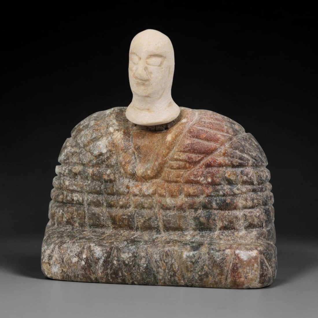 Ancient Greco-Bactrian Stone Idol (250 BCE-200 CE), 65AK: This antique stone idol originates from the Greco-Bactrian Cultures of Central Asia, representing a characteristic sculptural tradition blending Iranian and Hellenistic artistic influences for devotio
