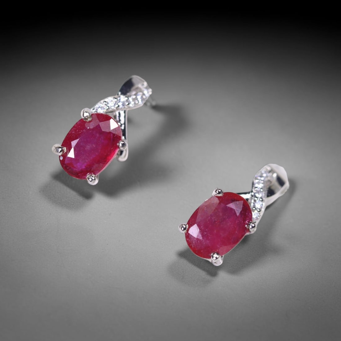 Ruby & Zircon Earring - 925 Sterling Silver - Plated 14k White Gold , 499E (1 of 3)