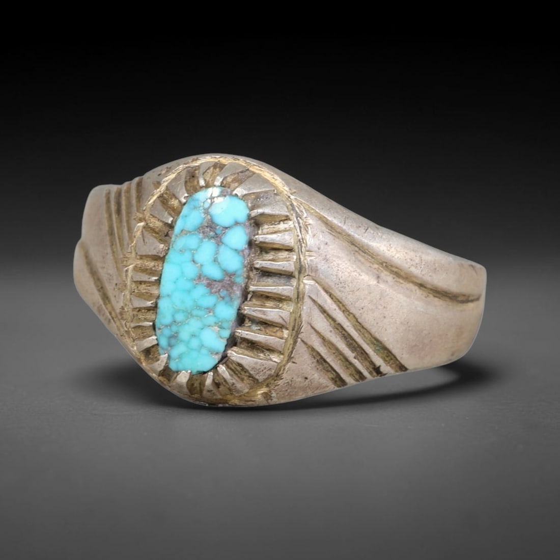 Antique Ottoman Turquoise Elongated Cabochon Sunburst Engraved Silver Ring, 29AL (1 of 2)