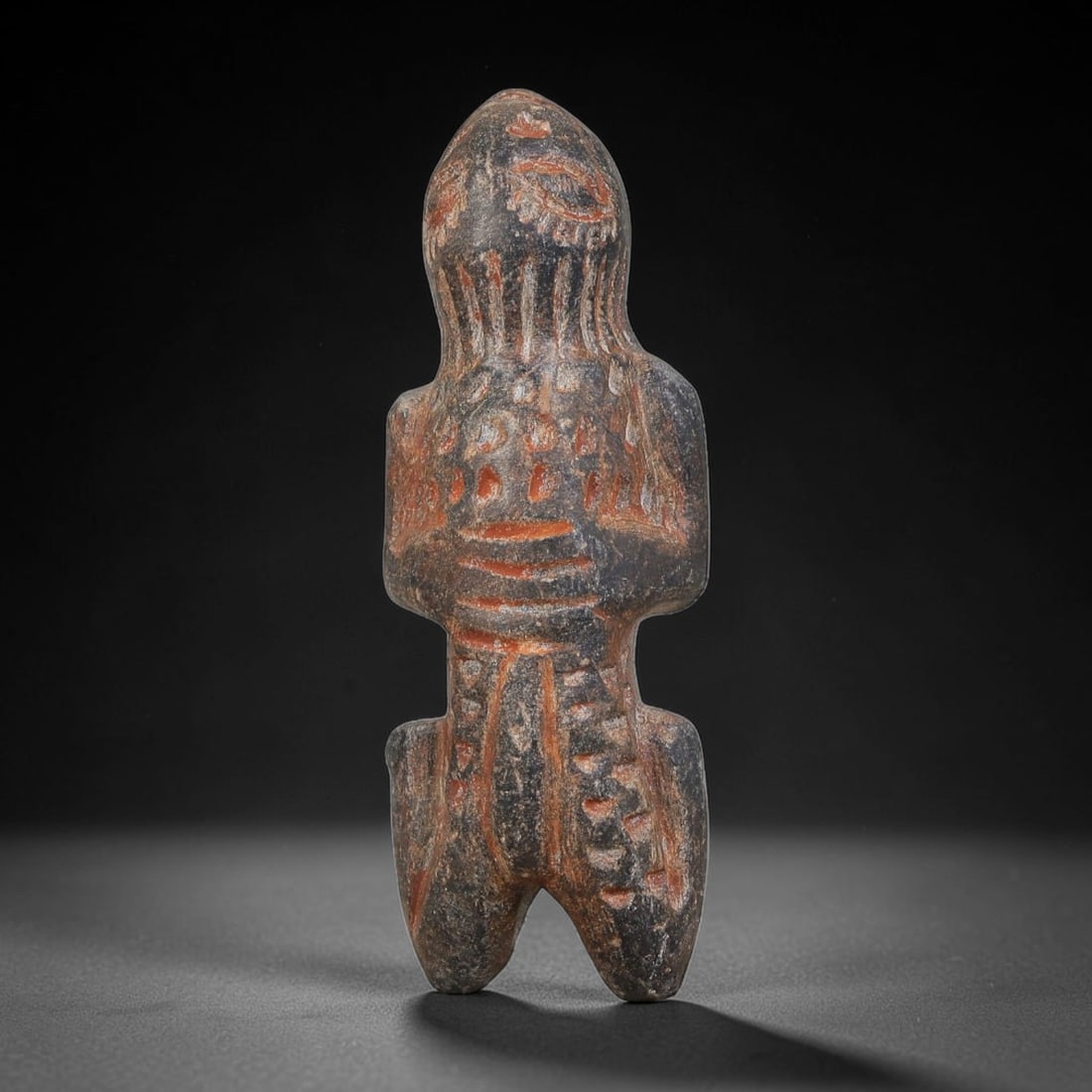Ancient Saka Steppe Nomad Cultures Anthropomorphic Stone Figurine Amulet (900-200 BCE), 10AK: This ancient anthropomorphic stone figurine amulet originates from Scythian / Saka Steppe Nomad Cultures, created as a ritual protective object for nomadic elite personal adornment and burial contexts