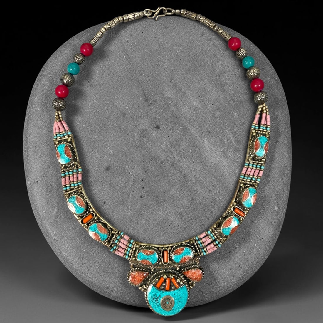 A Central Asian Multi-Metal Multi-Stone Necklace, 6AL: Multi-metal necklace assembled with mixed round beads, segmented metal tubes and elaborate inlaid panel sections. The front is composed of multiple bezel-set composite stone insets, accented by fine m