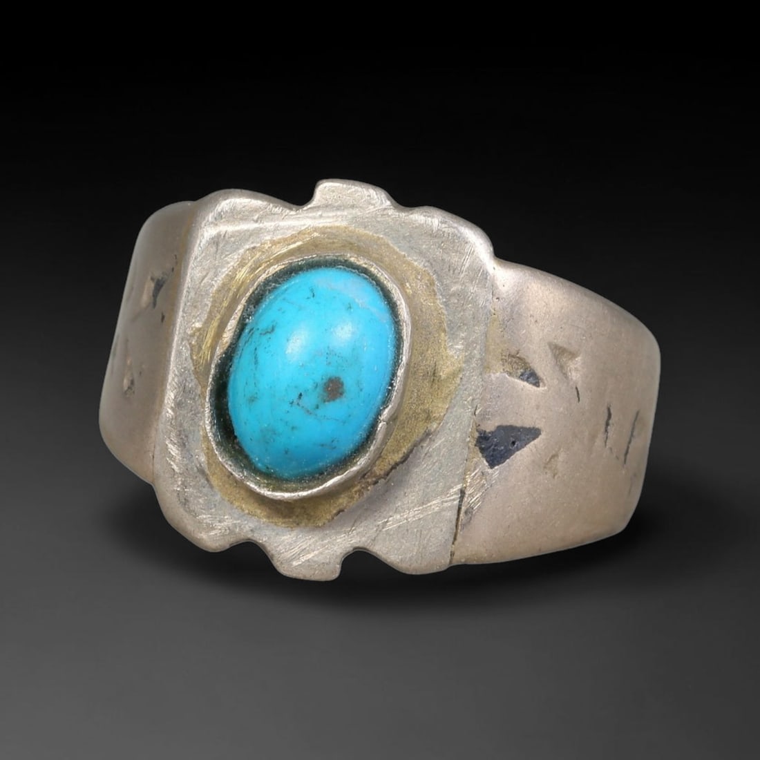 Antique Ottoman Turquoise Rectangular Shield Bezel Silver Ring, 23AL (1 of 2)