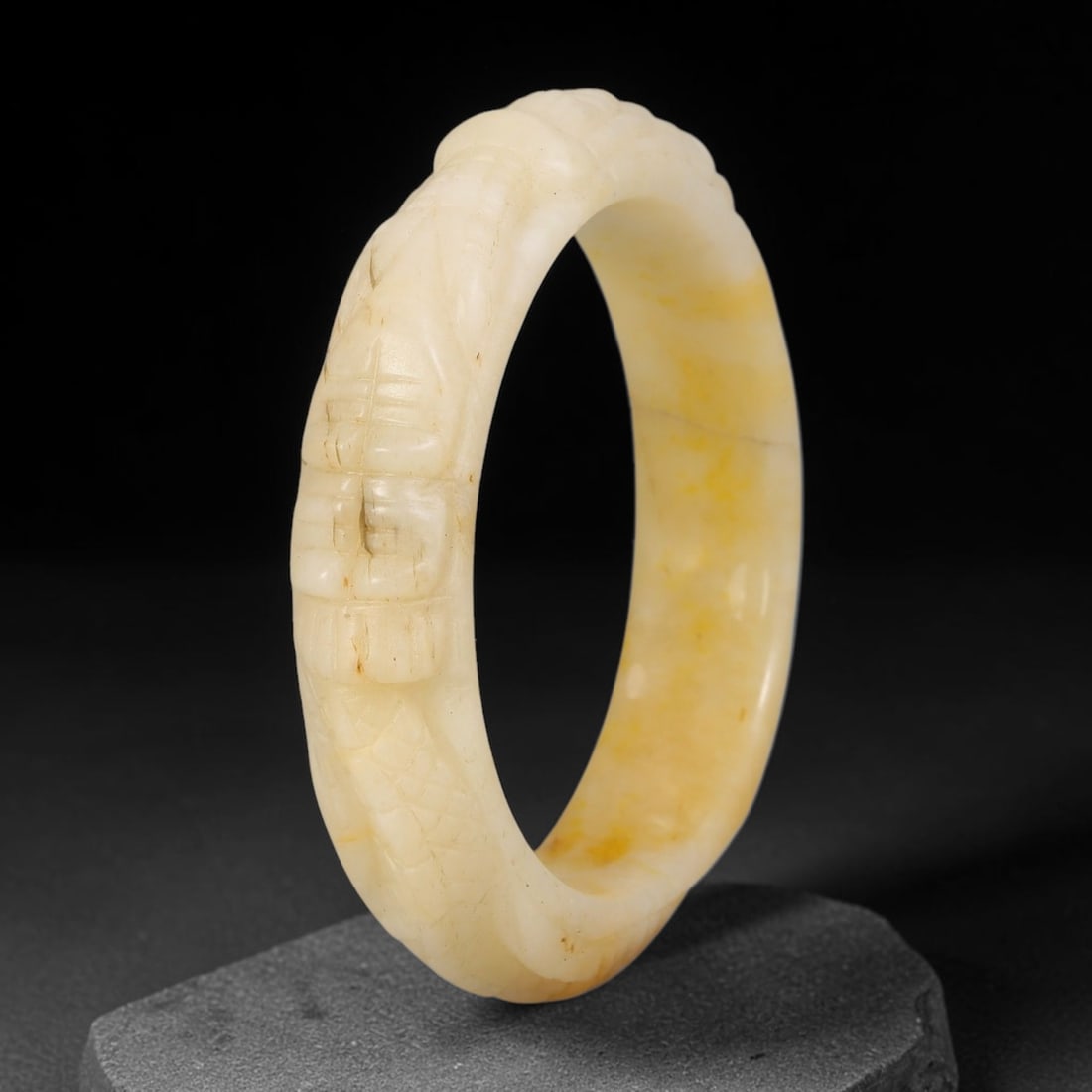 Natural Burmese Type A Jadeite Jade Carving Bangle Bracelet, 77AL: Natural Burmese Type A jadeite jade carved bangle bracelet, inner diameter 56mm, featuring continuous relief decorative carving across the band. This solid bangle displays natural stone inclusions and
