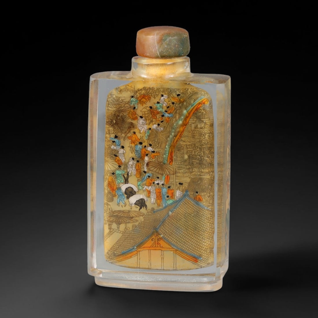 A Chinese Inside Painted Glass Snuff Bottle, 52AV: Rectangular clear glass snuff bottle featuring intricate interior painting depicting a bustling ancient street scene with numerous figures, traditional architecture and detailed landscape elements. It