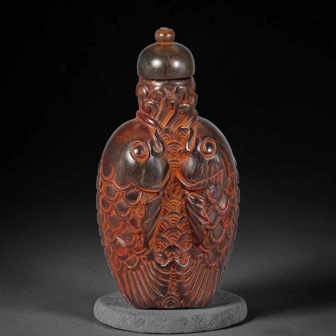 A Chinese Ox Horn Carved Twin Fish Snuff Bottle, 12AV (1 of 3)