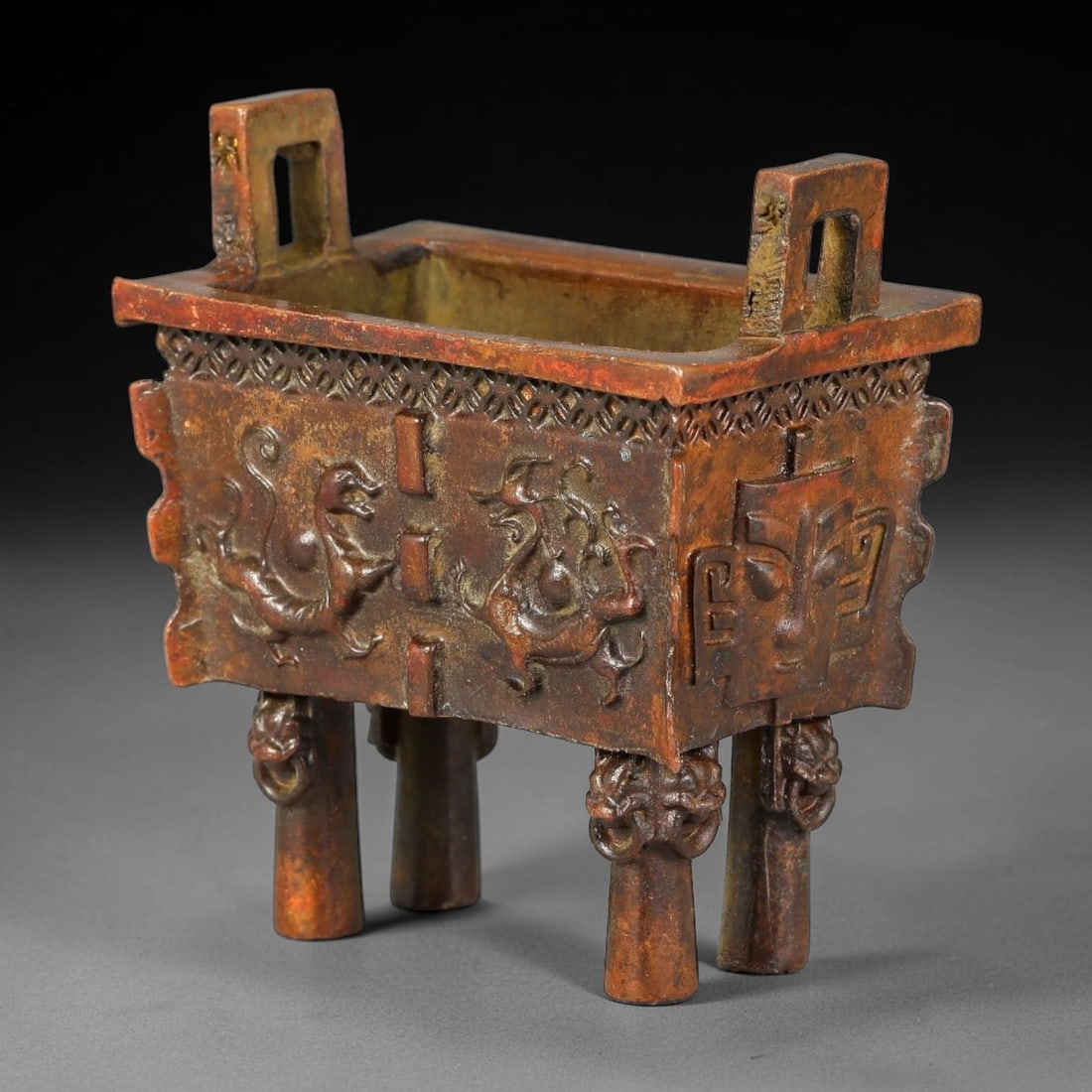 A Chinese Archaistic Bronze Rectangular Ding Censer, 13AX (1 of 3)