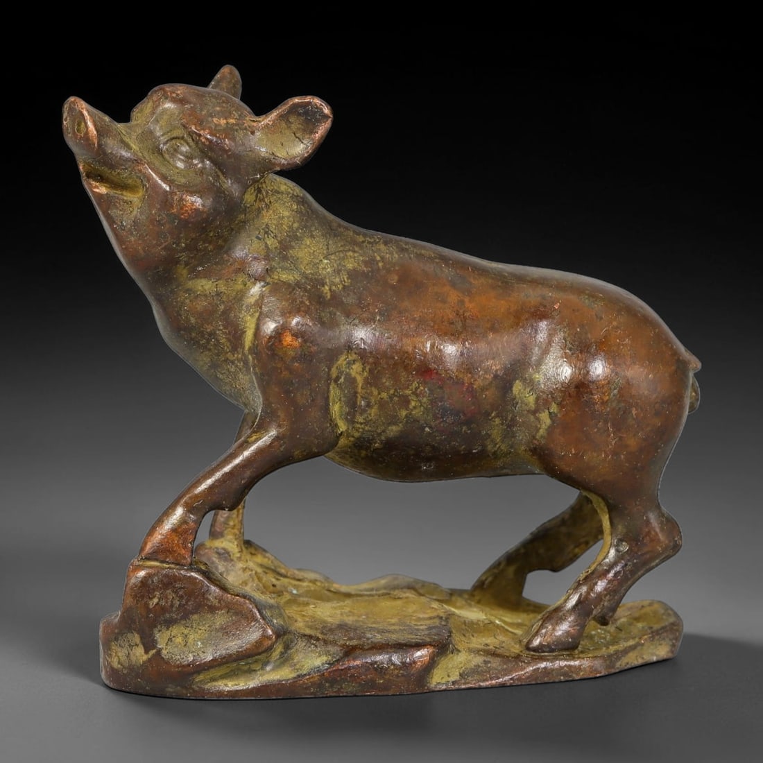 A Chinese Bronze Zodiac Boar Zoomorphic Figurine on Rockwork Base, 19AX (1 of 3)