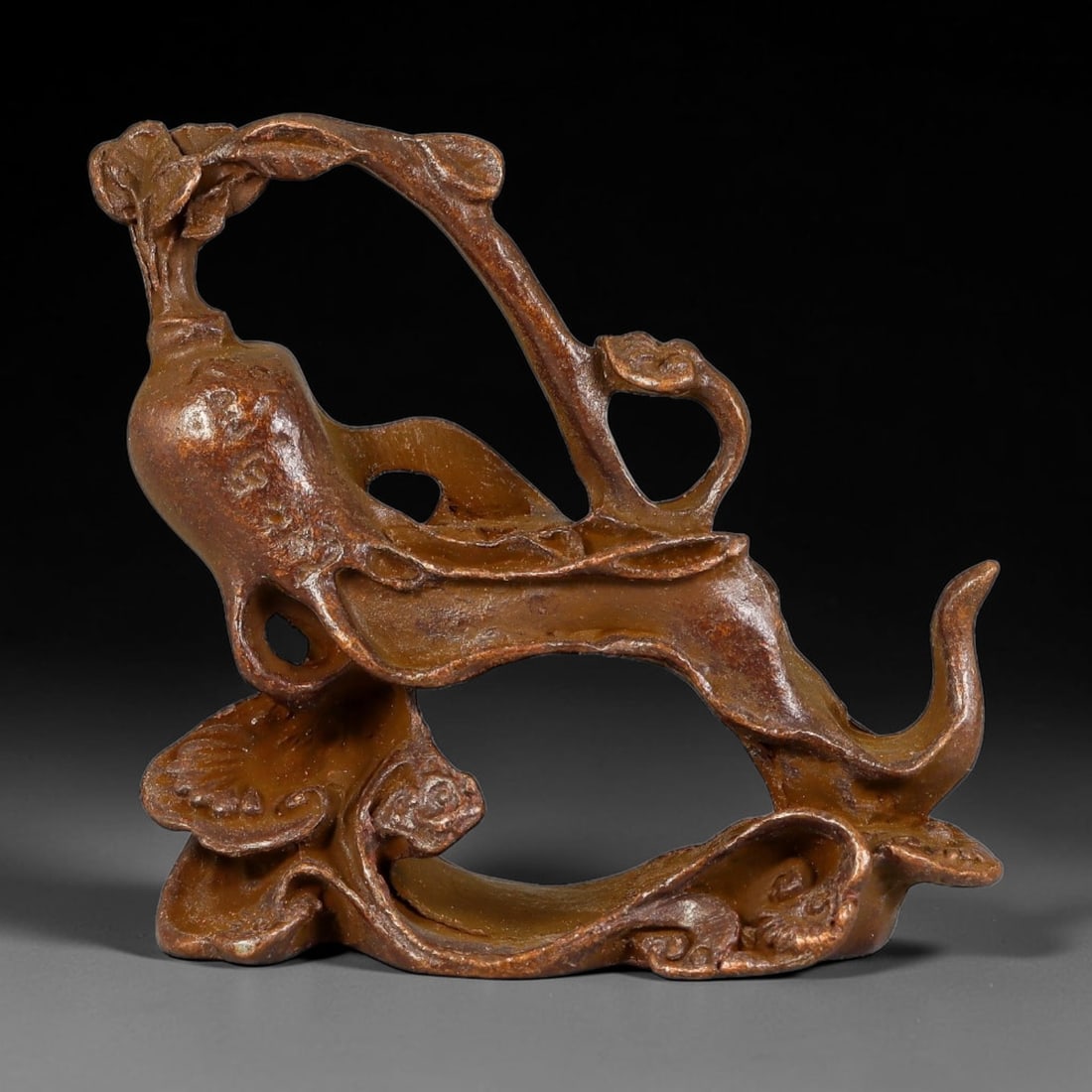 A Chinese Bronze Gourd and Lingzhi Ornamental Figurine, 61AX: Cast bronze openwork ornament featuring intertwined gourd and lingzhi fungus motifs, with flowing organic branches, naturalistic leaf and mushroom details and hollow negative space throughout the comp