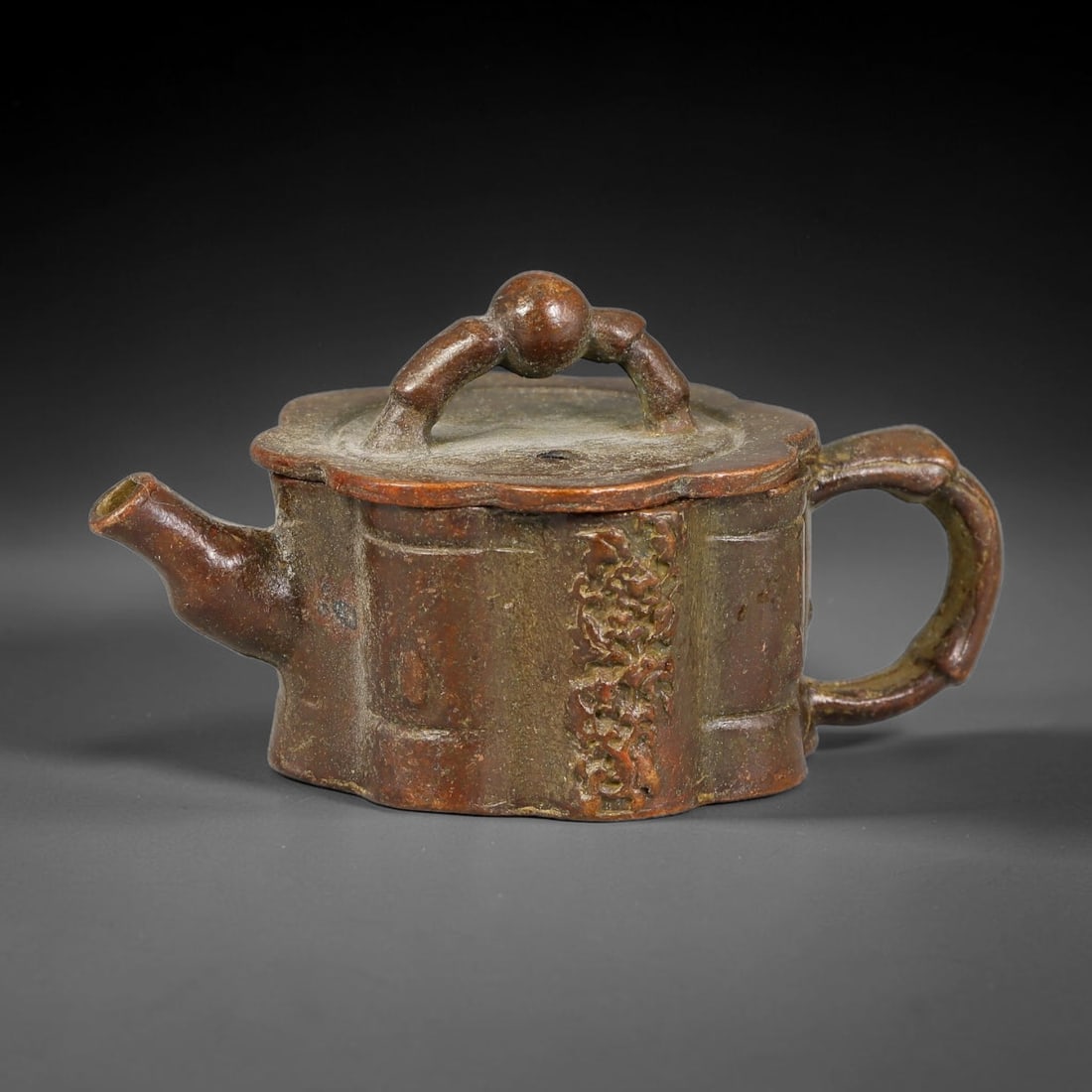 A Chinese Bronze Bamboo Form Miniature Teapot, 48AX (1 of 3)