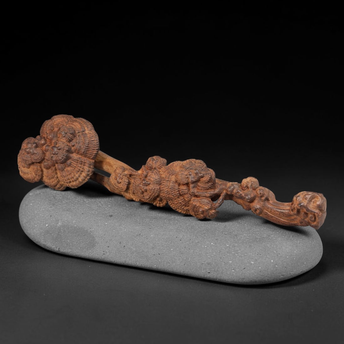 A Chinese Agar Wood Carved Lingzhi Ruyi Scepter, 87BD: Finely carved agar wood ruyi scepter modelled with successive clusters of lingzhi fungus heads extending along the stem, with naturalistic texturing to mimic fungal ridges and organic twisting forms. 