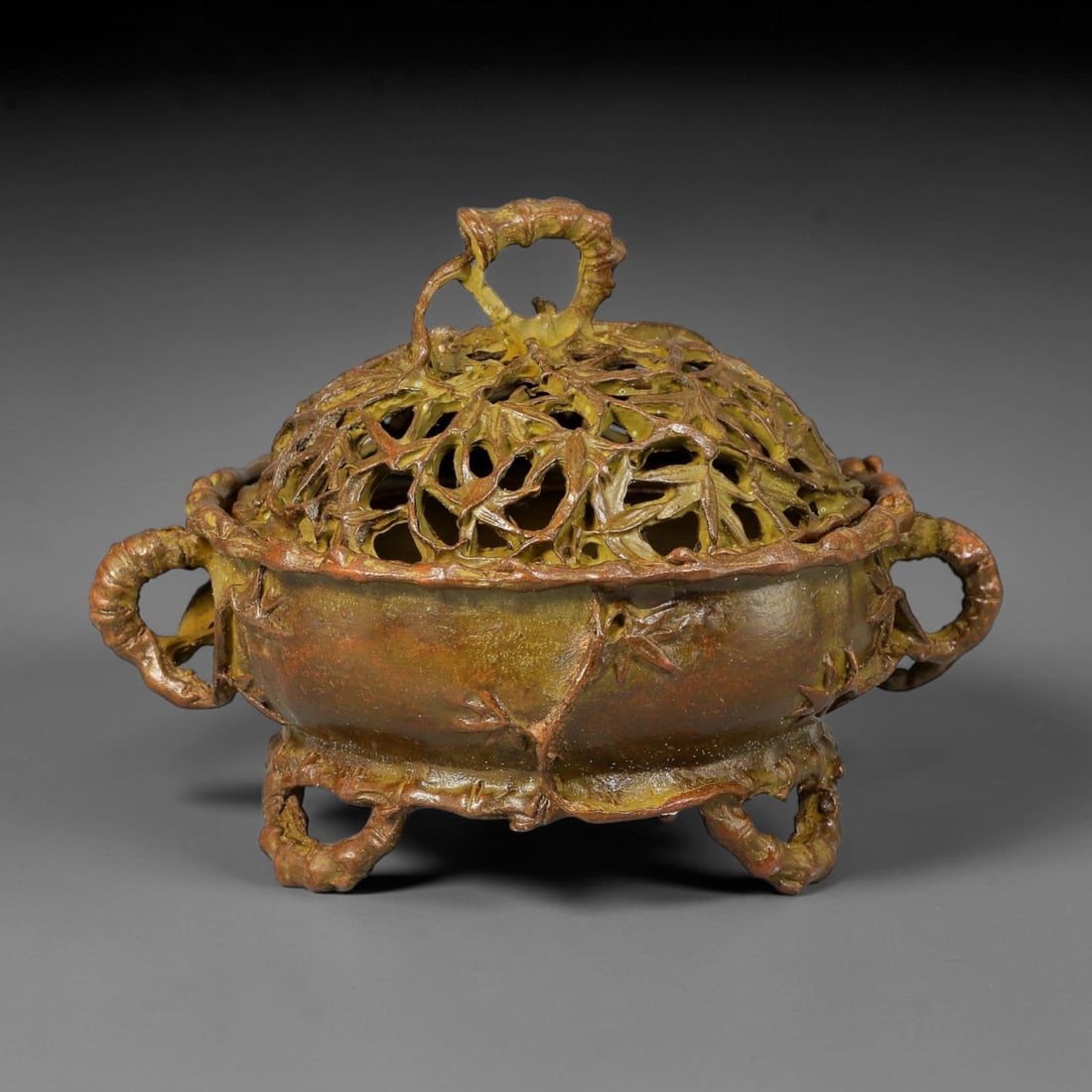 A Chinese Bronze Bamboo Form Censer with Openwork Lid, 14AX (1 of 3)