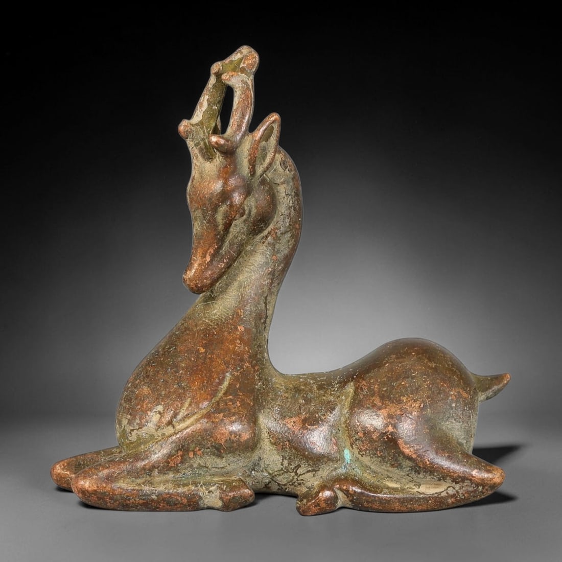 A Chinese Bronze Recumbent Deer Effigy Figurine, 28AX: Cast bronze figurine of a recumbent deer with elegantly curved antlers, its head turned gently backward and body resting in a serene seated pose. Subtle texturing defines the form, with mottled brown 